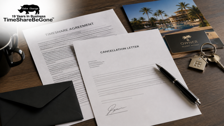 Timeshare cancellation letter and contract on a desk with TimeShareBeGone branding