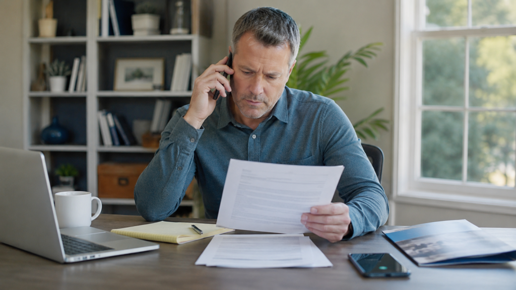 Timeshare owner calling the resort while reviewing contract documents