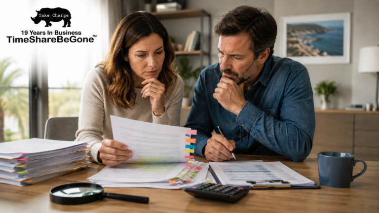 Couple reviewing a timeshare agreement for unfair contract clauses