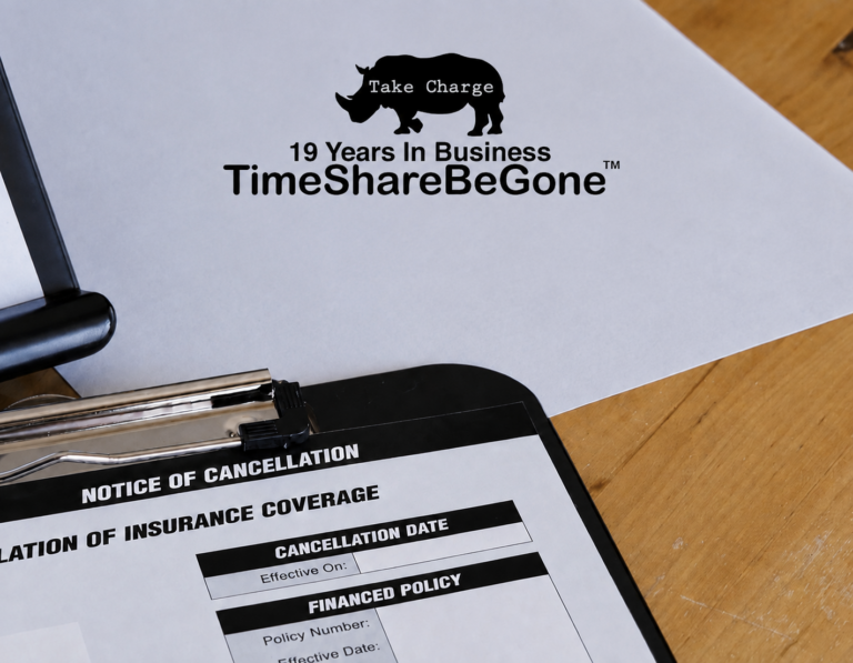 TimeShareBeGone logo above a timeshare cancellation notice on a clipboard