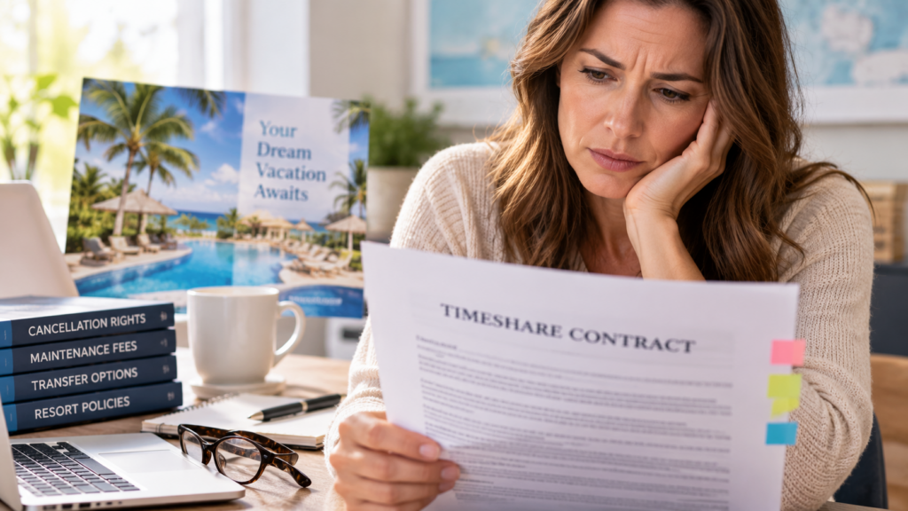 Woman reviewing a timeshare contract with cancellation, fee, and transfer documents nearby.