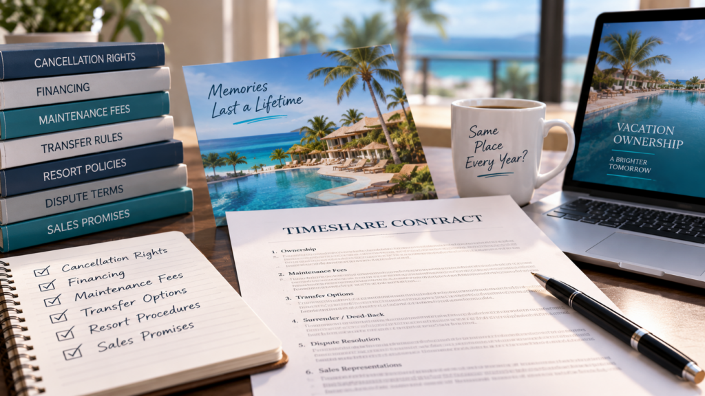 Timeshare contract beside notes on cancellation rights, fees, transfer rules, and resort policies.