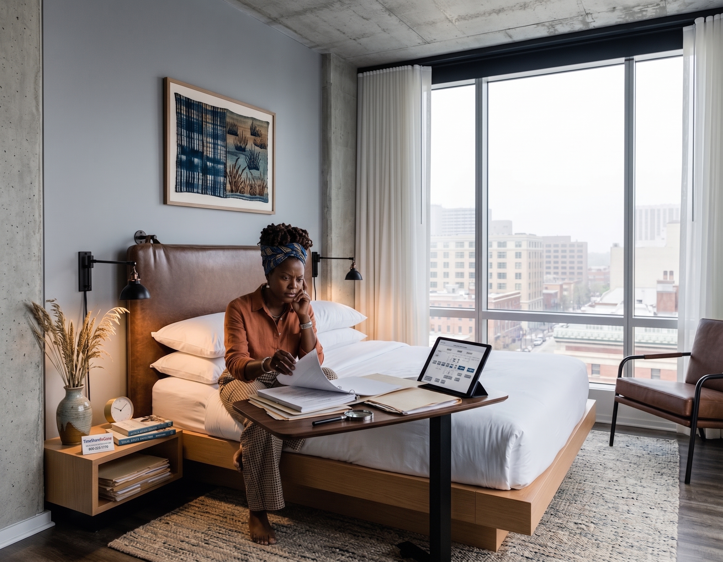 Woman with headwrap on a call and reviewing documents on a bed.