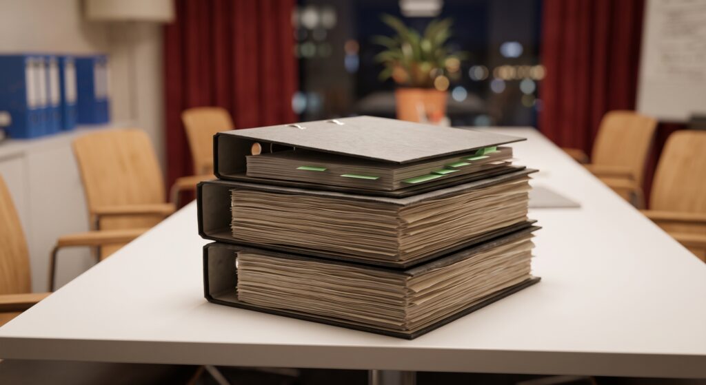 A stack of three thick black document binders filled with paperwork resting on a white conference room table.