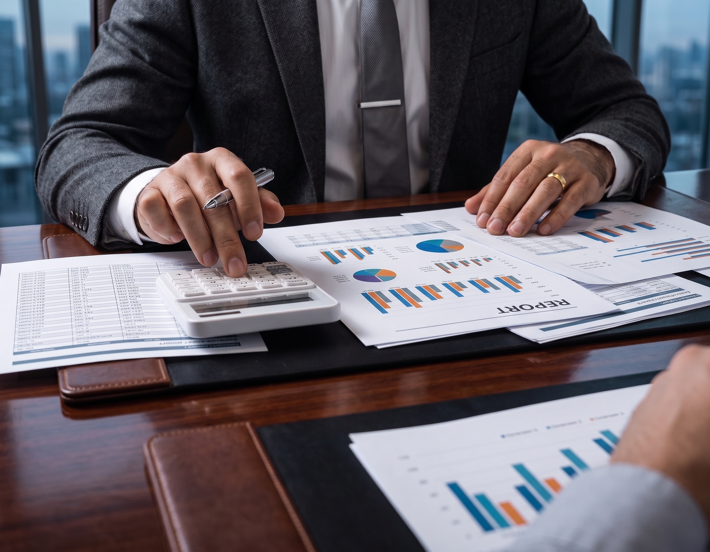 A financial professional in a gray suit using a white calculator and holding a pen while analyzing budget reports and charts on a wooden desk.