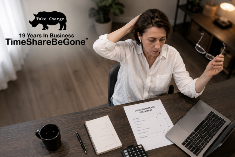 Woman reviewing timeshare maintenance fee statement from an overhead office view