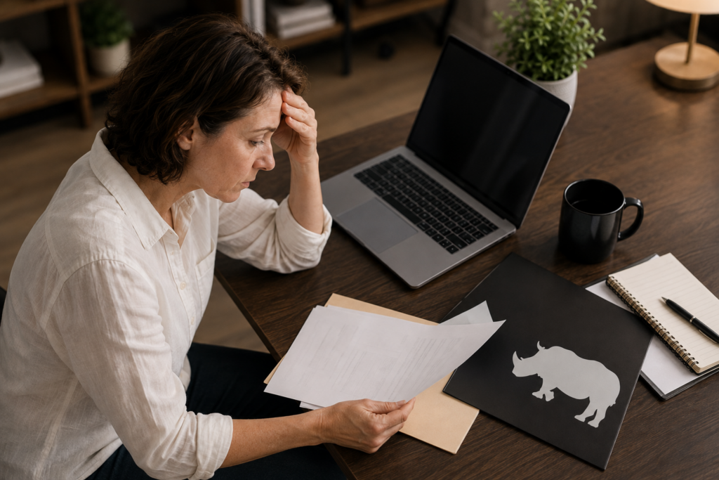 Concerned woman reviewing timeshare documents after a suspicious exit offer