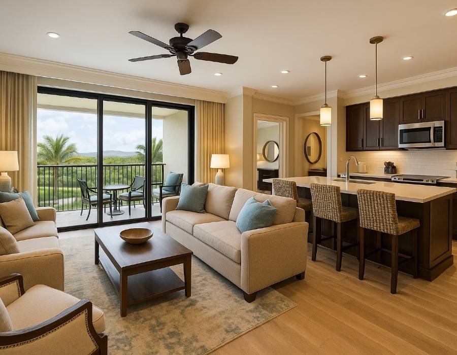 Modern timeshare unit with open living room, kitchen, and balcony view after contract cancellation