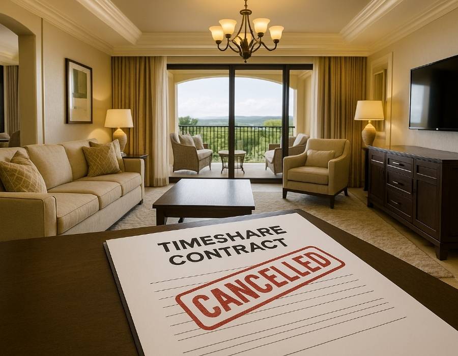 Cancelled timeshare contract on table inside luxurious timeshare unit with balcony and modern living room furniture