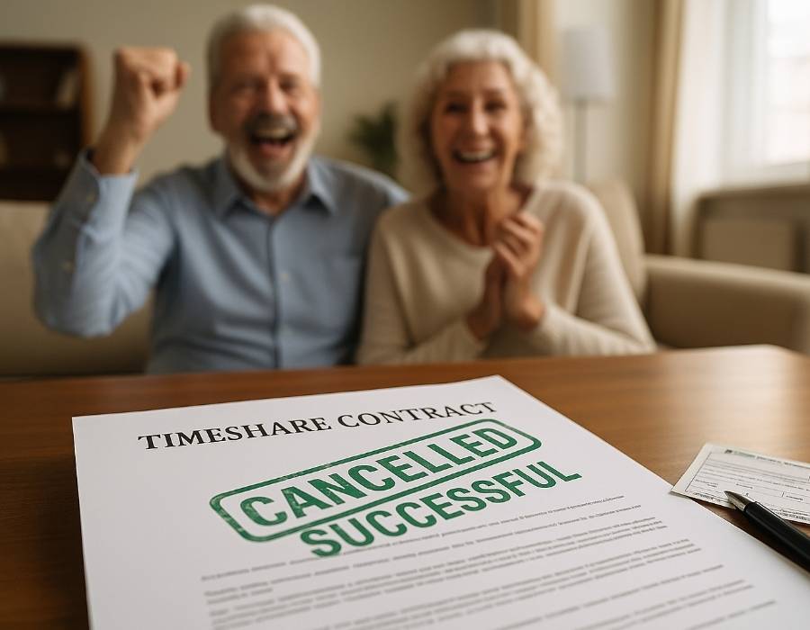 Happy elderly couple celebrating successful timeshare cancellation with contract marked cancelled
