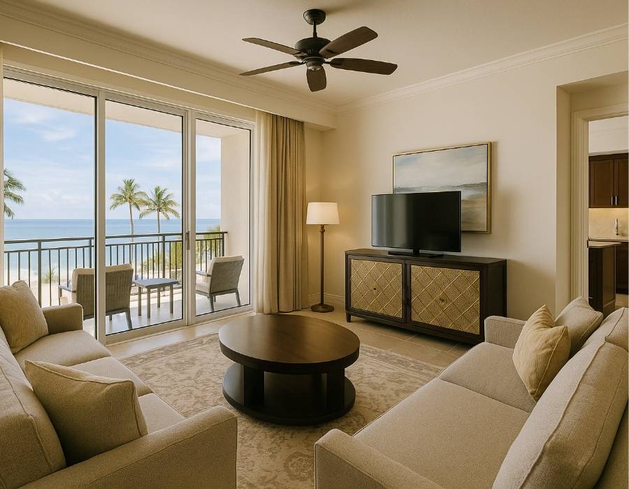 Luxurious timeshare unit living room with oceanfront balcony view, modern furniture, and flat-screen TV
