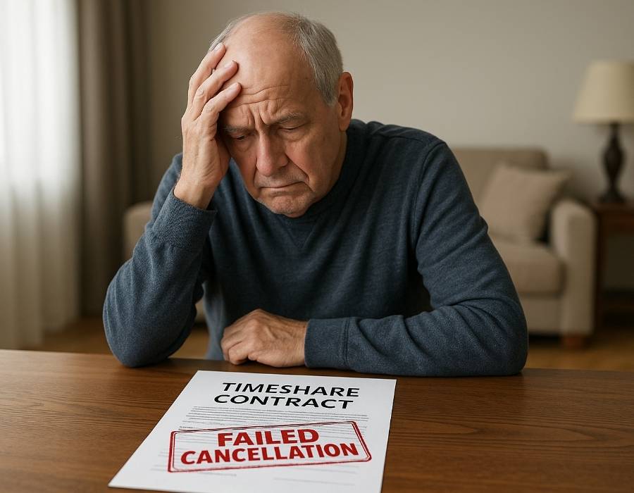 Stressed elderly man sitting at table with timeshare contract marked failed cancellation, representing difficulties in ending timeshare agreements