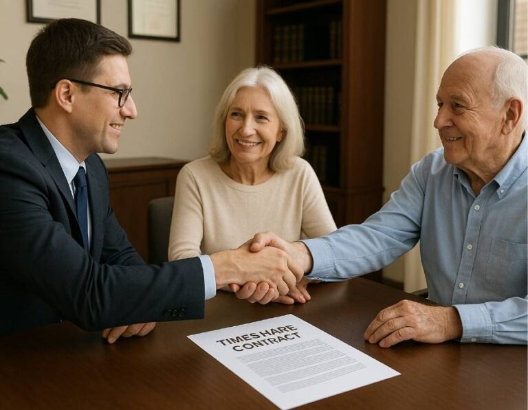 Timeshare attorney shaking hands with senior couple in office after reviewing their timeshare contract.