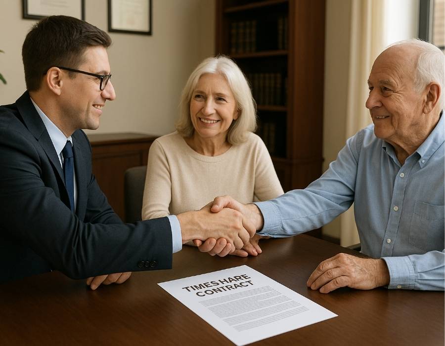 Timeshare attorney shaking hands with senior couple in office after reviewing their timeshare contract.