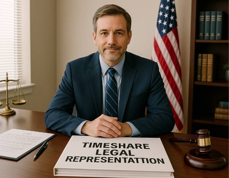 Confident timeshare attorney sitting at desk with binder labeled timeshare legal representation, gavel, and scales of justice in office with American flag