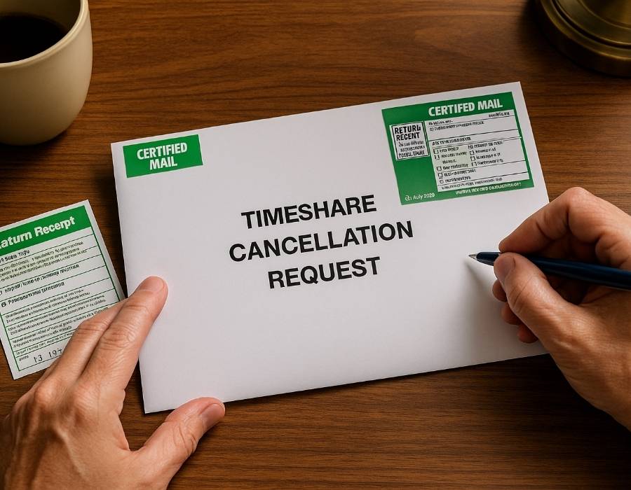 Certified mail envelope labeled timeshare cancellation request with return receipt, ready to be sent for contract termination.
