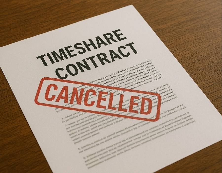 Close-up of timeshare contract with red cancelled stamp, symbolizing successful timeshare cancellation