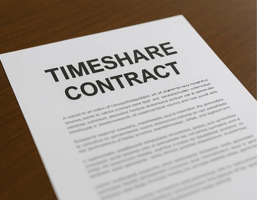 Close-up of timeshare contract document on wooden desk, representing legal agreements for timeshare ownership.