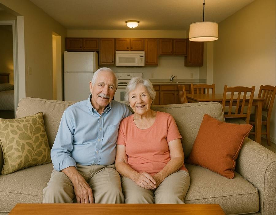 Smiling senior couple sitting together on couch inside their timeshare property in the United States