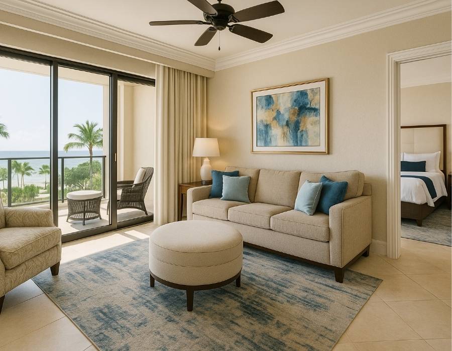 Modern furnished timeshare unit living room with ocean view balcony, stylish décor, and adjoining bedroom in the United States.