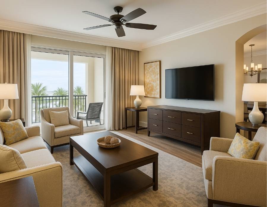 Elegant timeshare unit living room with modern furniture, flat-screen TV, and balcony overlooking palm trees