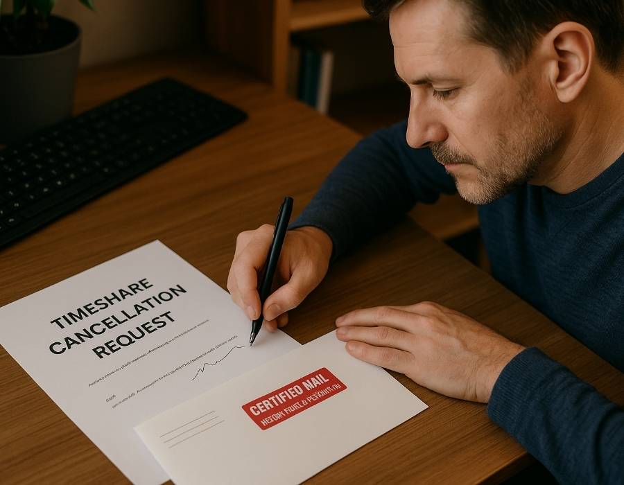 Man signing a timeshare cancellation request form with certified mail envelope on desk.