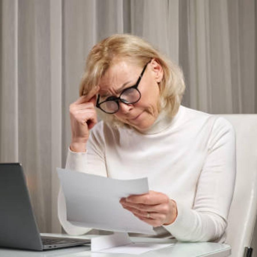 stressed senior woman reviewing a timeshare contract