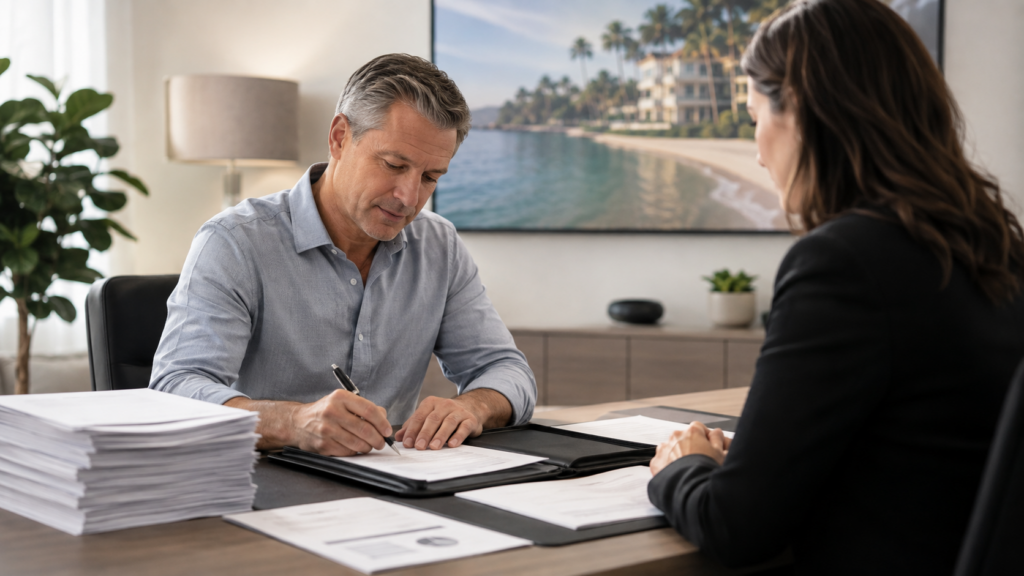 Timeshare owner signing deed-back paperwork with a resort representative in an office