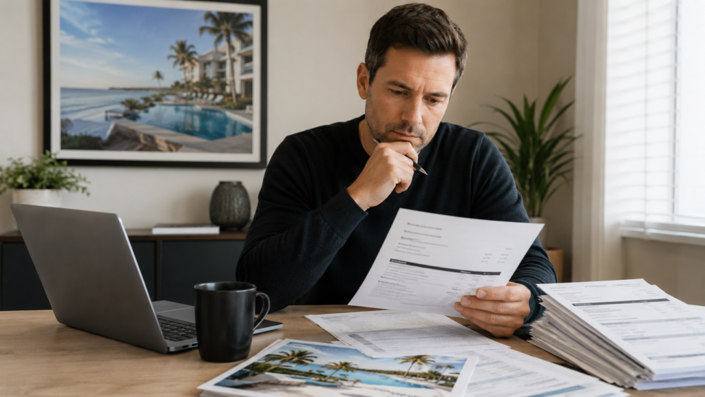 Timeshare owner reviewing maintenance fee bills after paying off the loan