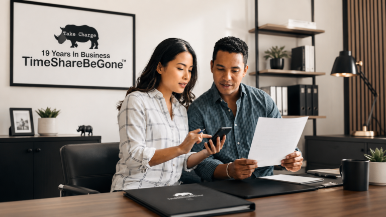 Reviewing timeshare maintenance fee documents in a TimeShareBeGone office