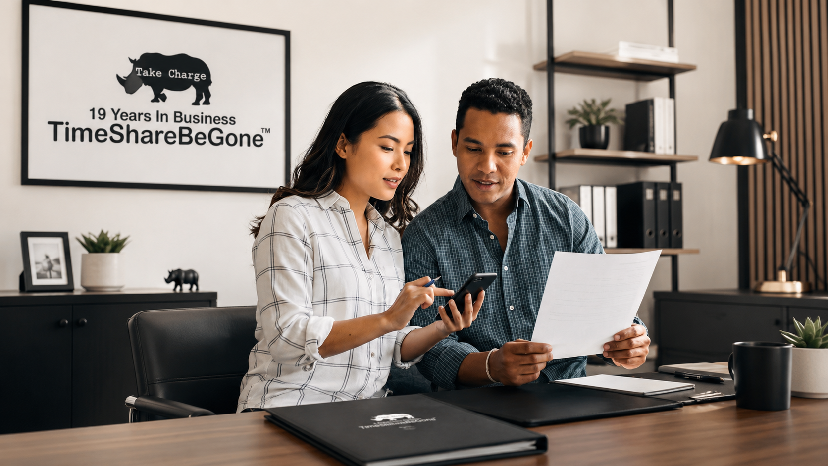 Reviewing timeshare maintenance fee documents in a TimeShareBeGone office