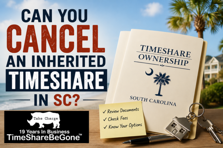Can you cancel an inherited timeshare in South Carolina with TimeshareBeGone logo, ownership documents, and coastal background.
