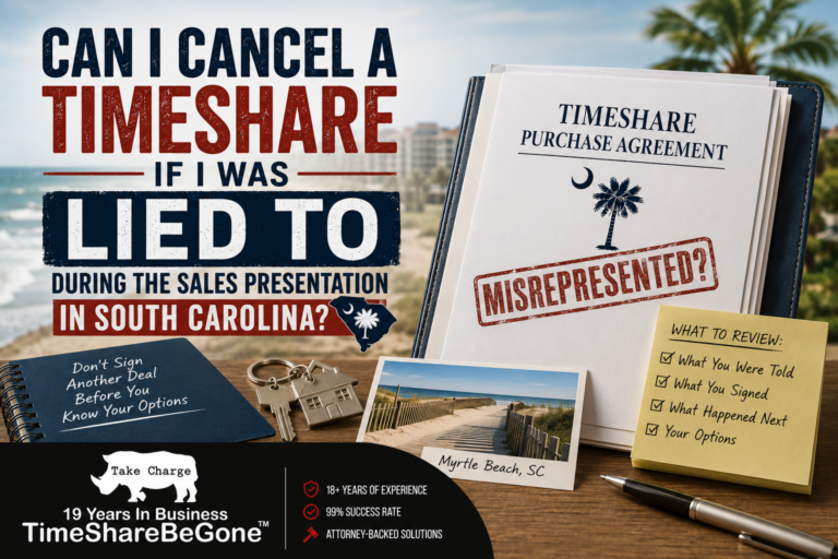 TimeshareBeGone featured image about canceling a South Carolina timeshare after misleading sales presentation claims.