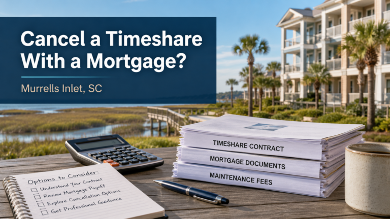 Documents labeled timeshare contract, mortgage documents, and maintenance fees on a table near a coastal resort in Murrells Inlet, SC.
