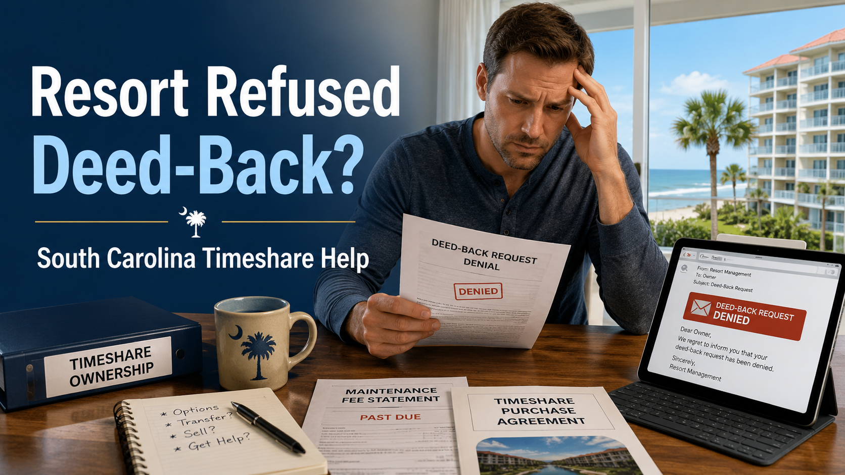Concerned timeshare owner reviewing a denied deed-back request with South Carolina resort documents and maintenance fee statements.
