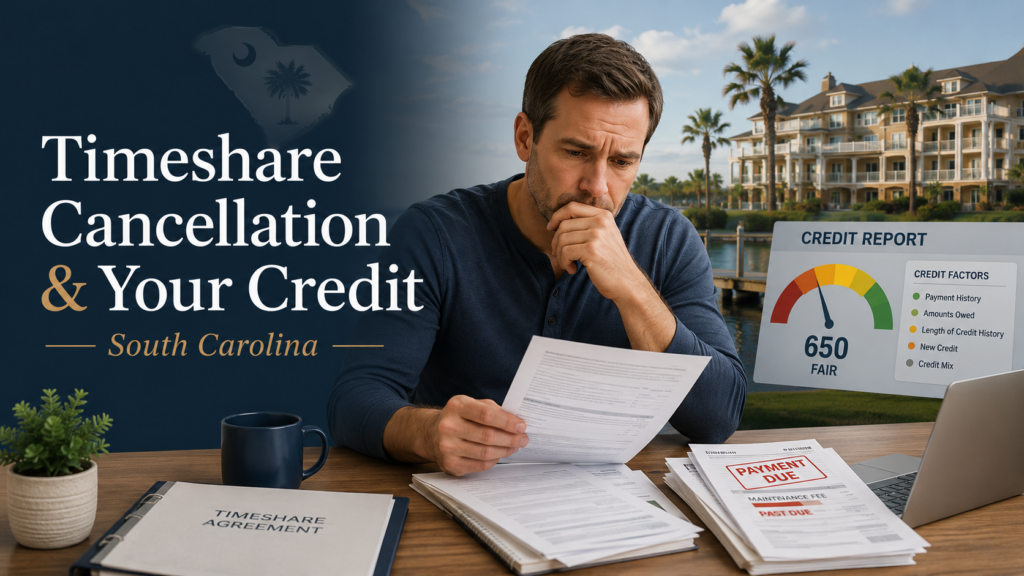 Worried timeshare owner reviewing payment notices and credit report for a South Carolina timeshare cancellation concern.
