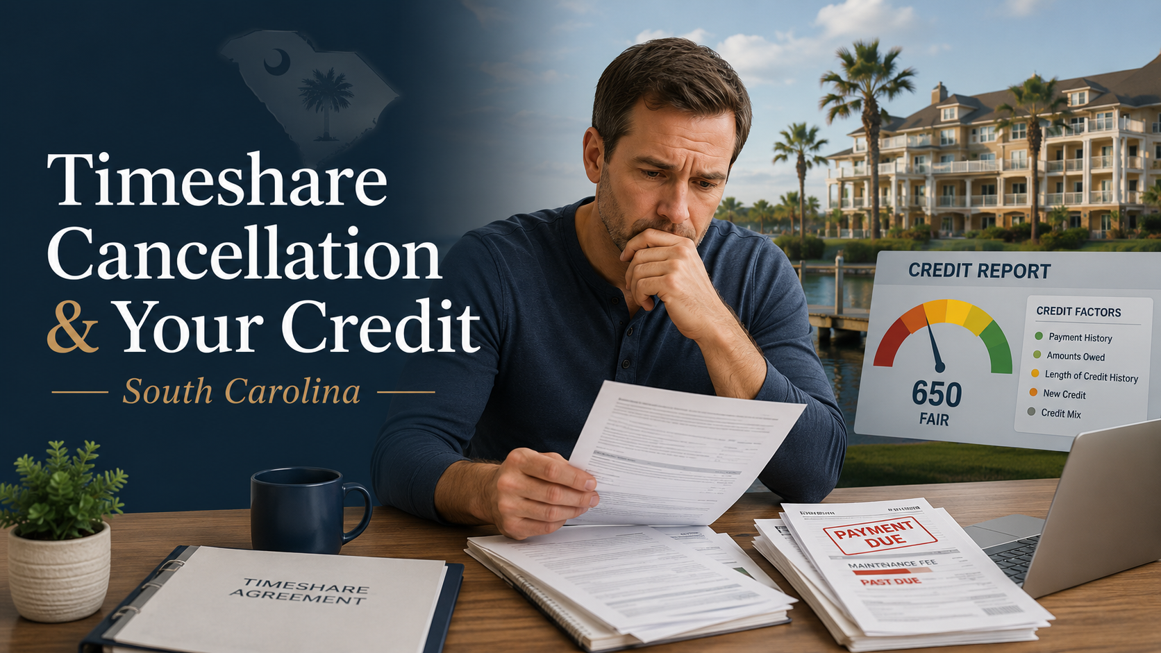 Worried timeshare owner reviewing payment notices and credit report for a South Carolina timeshare cancellation concern.
