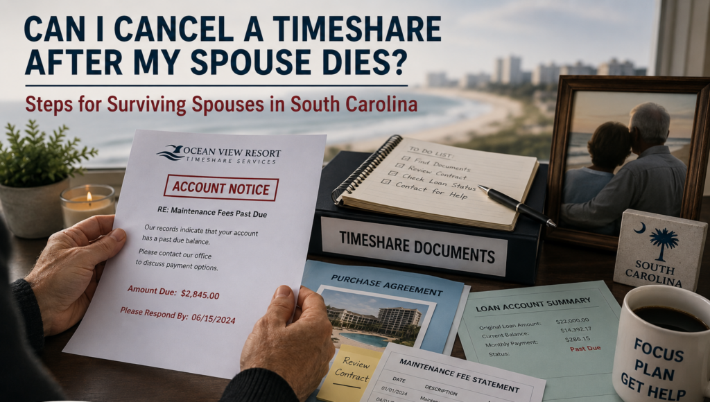 Surviving spouse reviewing timeshare documents, estate paperwork, account notices, and maintenance fee statements in South Carolina.