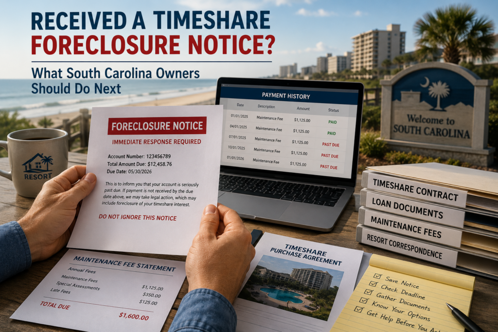 South Carolina timeshare owner reviewing a foreclosure notice, payment history, maintenance fee statement, and contract documents.