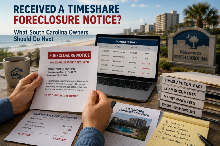 South Carolina timeshare owner reviewing a foreclosure notice, payment history, maintenance fee statement, and contract documents.